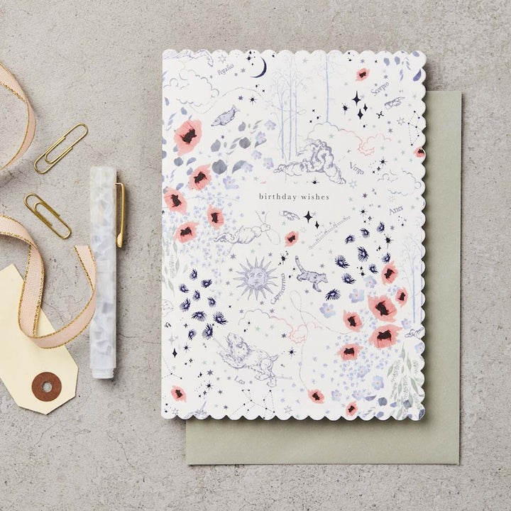 Zodiac Ivory Scallop Birthday Card