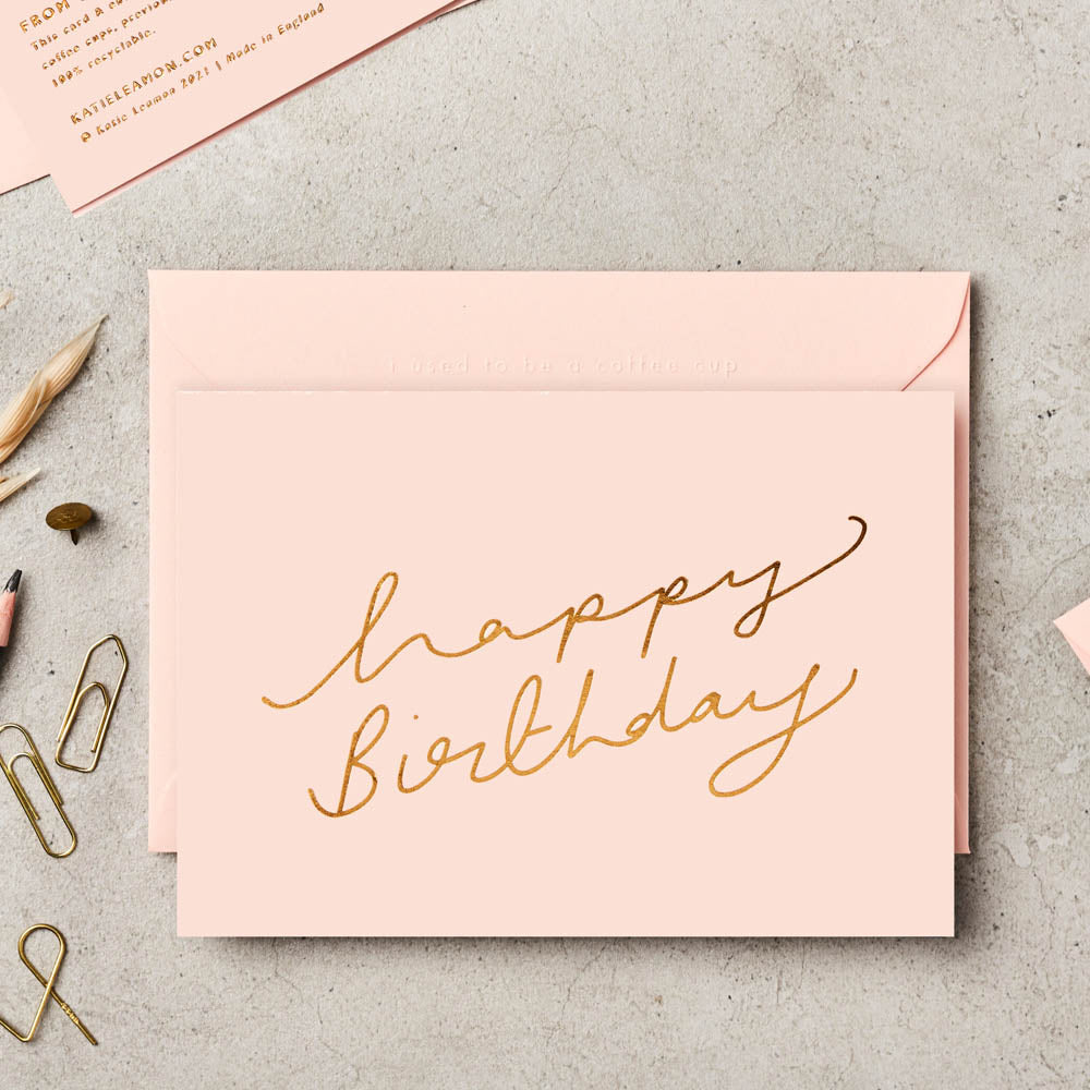 Happy Birthday Scroll on Pink Recycled Card