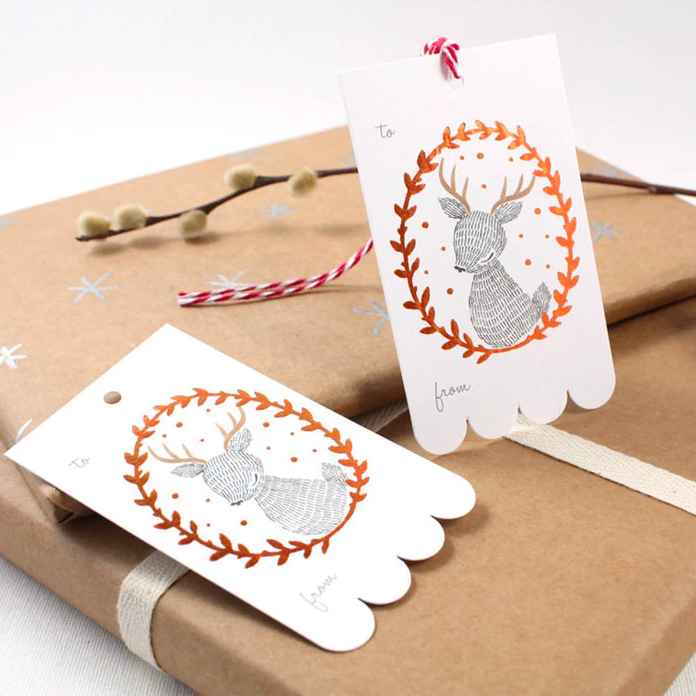Copper Foil Reindeer Wreath Gift Tags | Whimsy Whimsical | Gift Tags